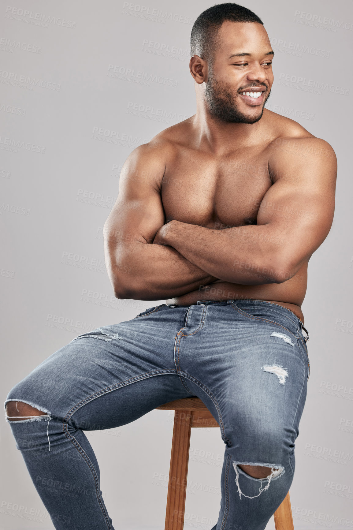 Buy stock photo Body muscle, thinking and confident black man in studio with abdomen for fitness, exercise and health isolated on white background. Abs, shirtless and happy strong bodybuilder model with arms crossed