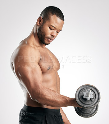 Buy stock photo Fitness, man and dumbbell in studio with muscles, bodybuilder and exercise for health and wellness training. Bicep, workout and weightlifting for strength or body goal, power and serious athlete