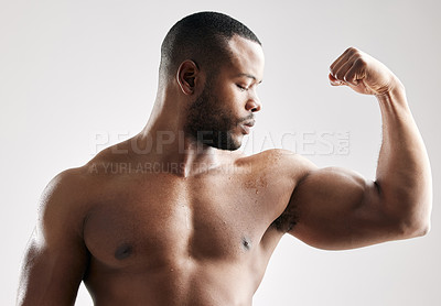 Buy stock photo Man, flexing and muscle thinking in studio, strong and confident or proud for workout training and exercise for body. White background, mock up and bodybuilder for sports, health and fitness goal