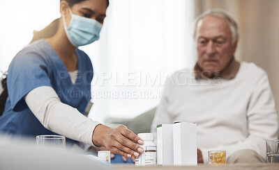 Buy stock photo Nurse, patient and medication with checkup at home with healthcare worker in retirement house for support. Tablets, treatment and hygiene with scrubs for visit with elderly sick man for recovery.