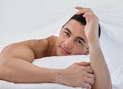 Buy stock photo Shirtless, wake up and man in bedroom, smile and relax on bed, happy and peace of sleeping in morning. Home, lazy and calm for rest, positive and comfort on mattress, apartment and person in weekend