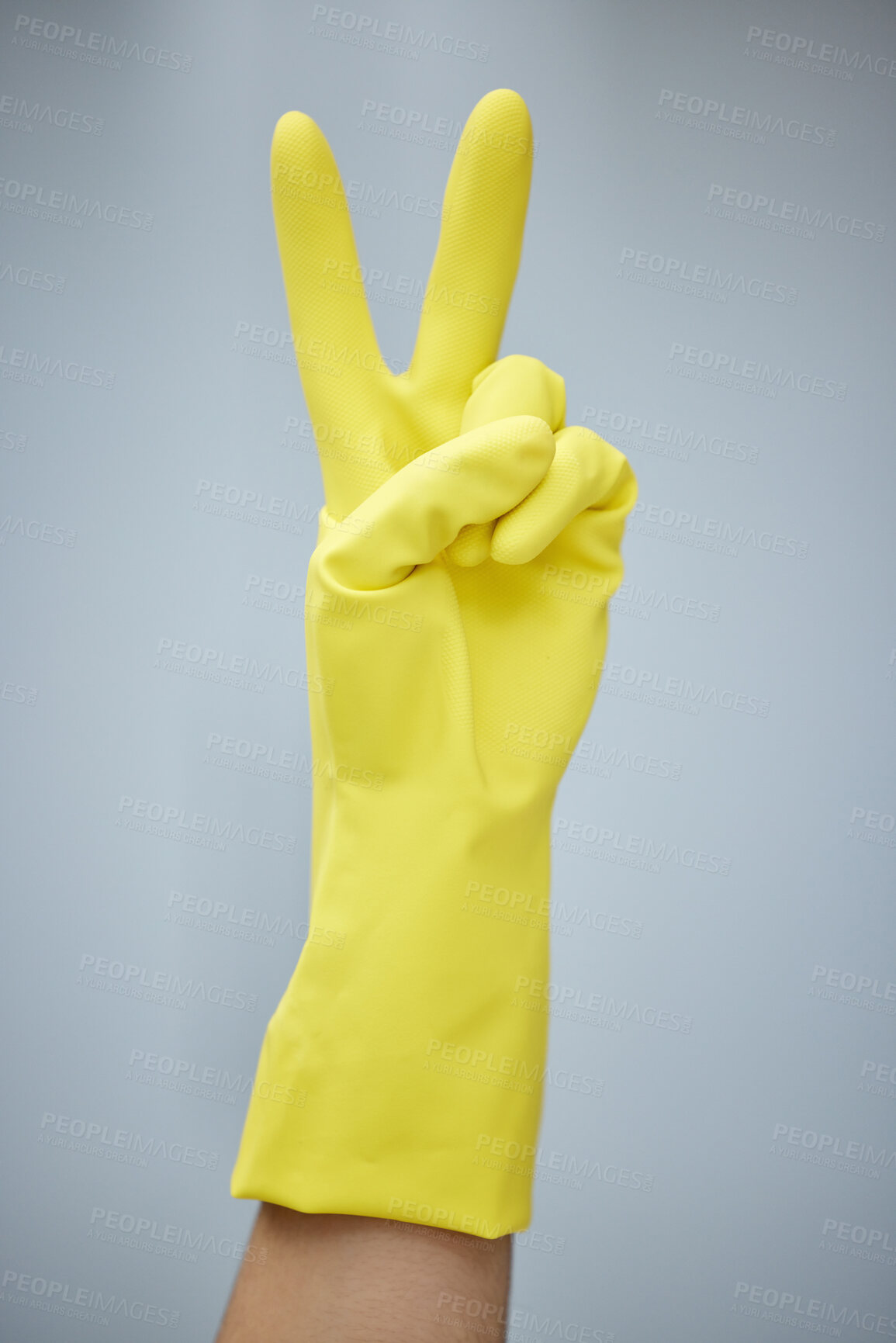 Buy stock photo Cleaning, latex and peace sign with hand for chores or housework in studio on white background. Emoji, hospitality and person in rubber glove for hygiene, protection and safety from bacteria germs