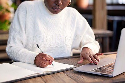 Buy stock photo Student, studying and notebook and cafe with laptop, research and writing with university woman on tech. Scrolling, hands and online for information and education, e learning and scholarship project