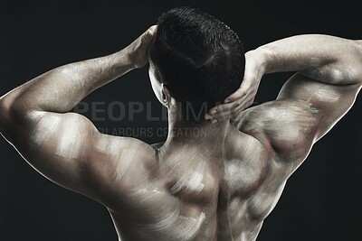 Buy stock photo Monochrome, man and back with body paint for art decor in studio. Fitness, male model and bodybuilder with strong muscles and creative make up with shadows for human artwork with black backdrop