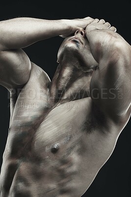 Buy stock photo Monochrome, man and bodybuilder with body paint for art decor isolated in studio. Fitness, male model and human artwork with nude muscular and muscle with creative makeup with black background