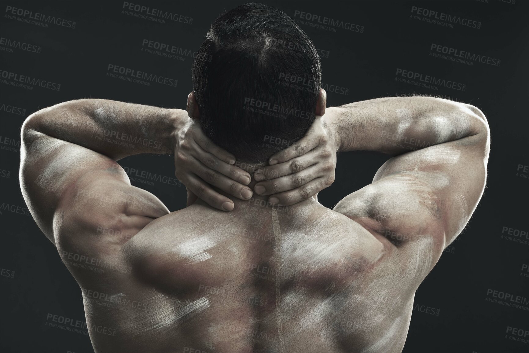 Buy stock photo Monochrome, bodybuilder and back and body paint for human artwork isolated in studio. Fitness, male model and art decor with shadows on strong muscles with creative makeup on dark background
