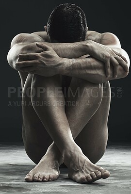 Buy stock photo Monochrome, man and bodybuilder on floor from stress, pressure and anxiety in studio. Fitness, male model and mental health with muscular body and pain from intrusive thoughts for depression or grief