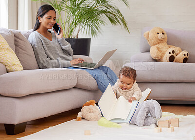 Buy stock photo Mom, laptop and phone call on sofa with baby for maternity leave, remote work or development in living room. Young child, mother and computer on home for studying, smartphone or research on internet