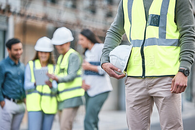 Buy stock photo Person, hard hat and construction site or engineer architecture for building inspection, renovation or maintenance. Helmet, safety and infrastructure development with coworker, contractor or labor