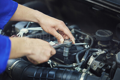 Buy stock photo Hands, mechanic and engine in workshop for car repair, maintenance and service in start up. Man, engineer and spanner by hood for adjustment, restoration and inspection in garage or industry