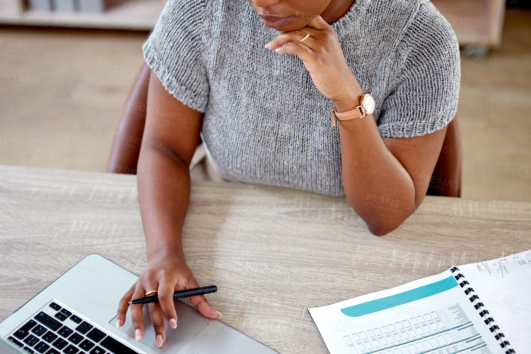 Buy stock photo Laptop, notes and hands of woman in office with research, networking and website for online report. Business, planning and sales consultant with computer, internet feedback and desk with high angle