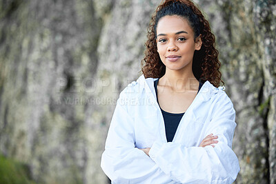 Buy stock photo Woman, portrait and arms crossed for nature exercise on mountain path for running, wellness or confidence. Female person, latino and face for workout training or outdoor cardio, morning or forest