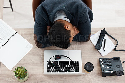 Buy stock photo Sleeping, business man and call center work from above with fatigue in office. Telemarketing, contact us and phone consultation worker feeling tired and overworked at company with deadline and sleep