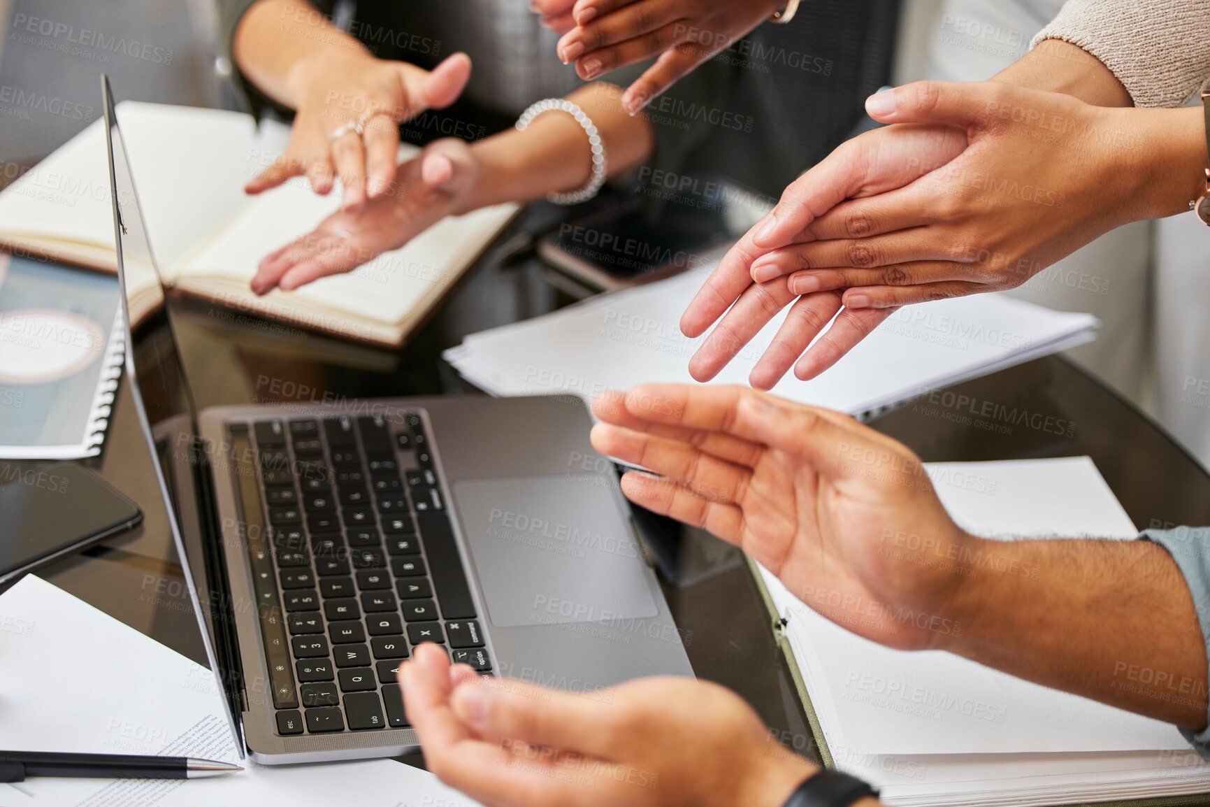 Buy stock photo Applause, hands and laptop in meeting with notebook, video call and success of project, digital or teamwork. Office, collaboration and clapping for achievement, tech and victory of business or trader