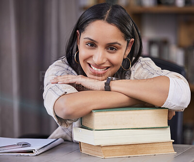 Buy stock photo Smile, relax and portrait of girl with books in library for literature, learning or info for assignment. Happy, student and university with notes at table for education, scholarship and knowledge