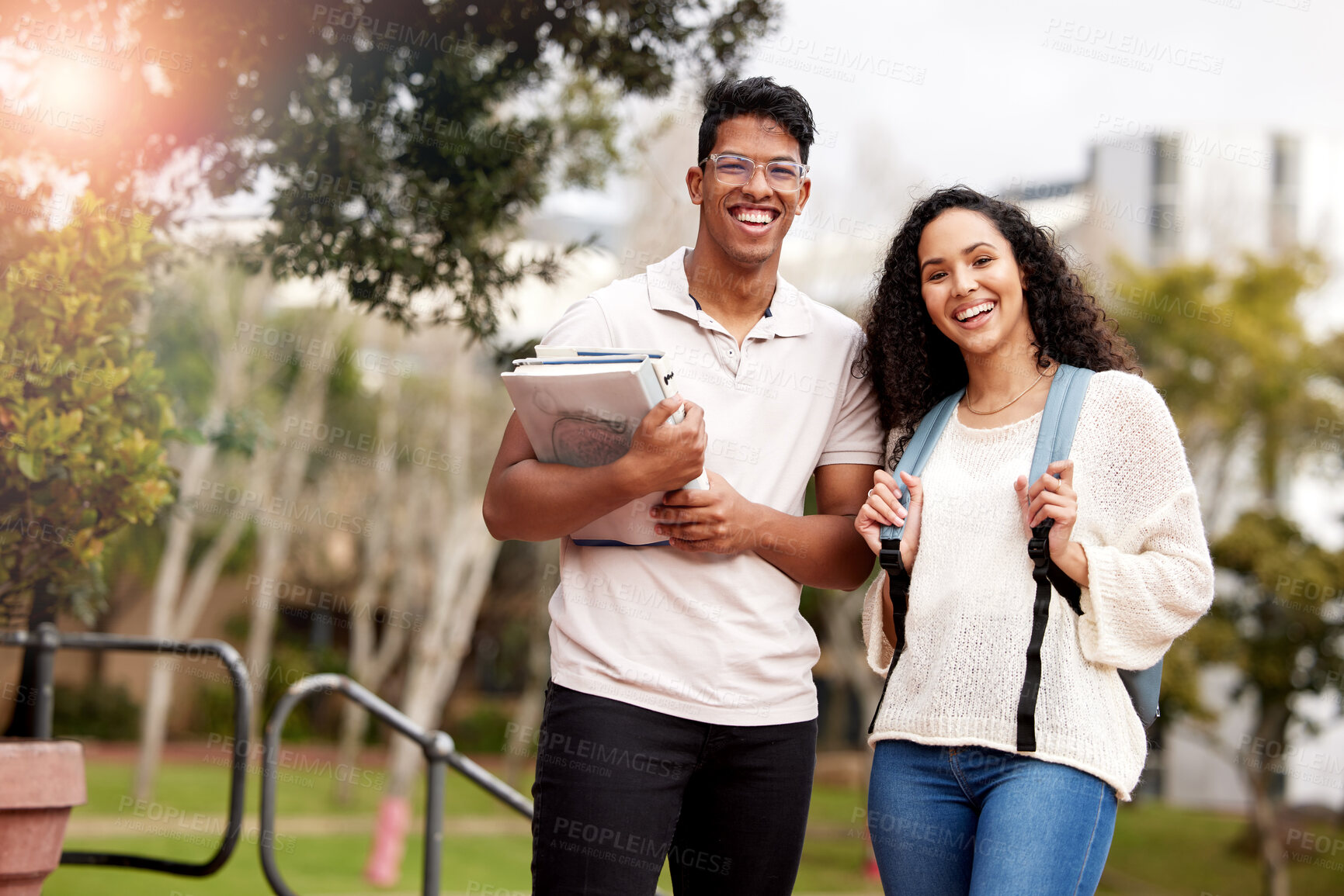 Buy stock photo Friends, students and portrait in outdoor for learning, study and walking on university campus. People, books and ready for education or together for research assignment, college and plan for test