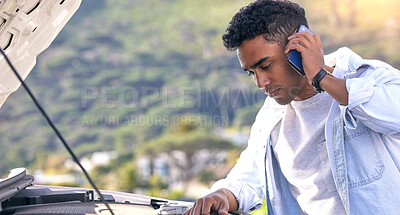 Buy stock photo Man, car and breakdown with smartphone for roadside assistance with lost in middle of nowhere. Upset, annoyed and desperate for repair with engine breakdown on countryside in Sweden with problem.