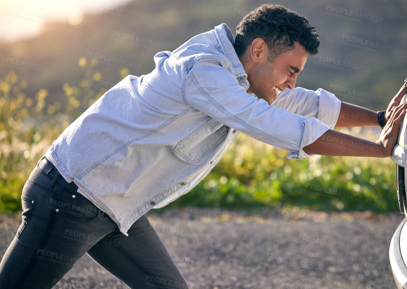 Buy stock photo Man, pushing and car on road in countryside for break down, travel and frustrated in nature. Male person, driver and stress for vehicle insurance, accident and problem for road trip or adventure