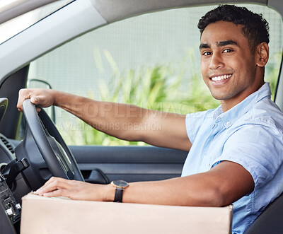 Buy stock photo Happy man, portrait or driver in car with box, smile or package for delivery in commercial shipping. Business, ready or courier worker in freight industry, supply chain or trailer on road for service