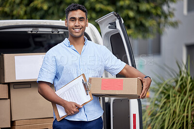 Buy stock photo Checklist, van or portrait of delivery man with box, smile or package for commercial shipping business. Outdoor, driver or courier worker with clipboard for cargo, distribution service or logistics