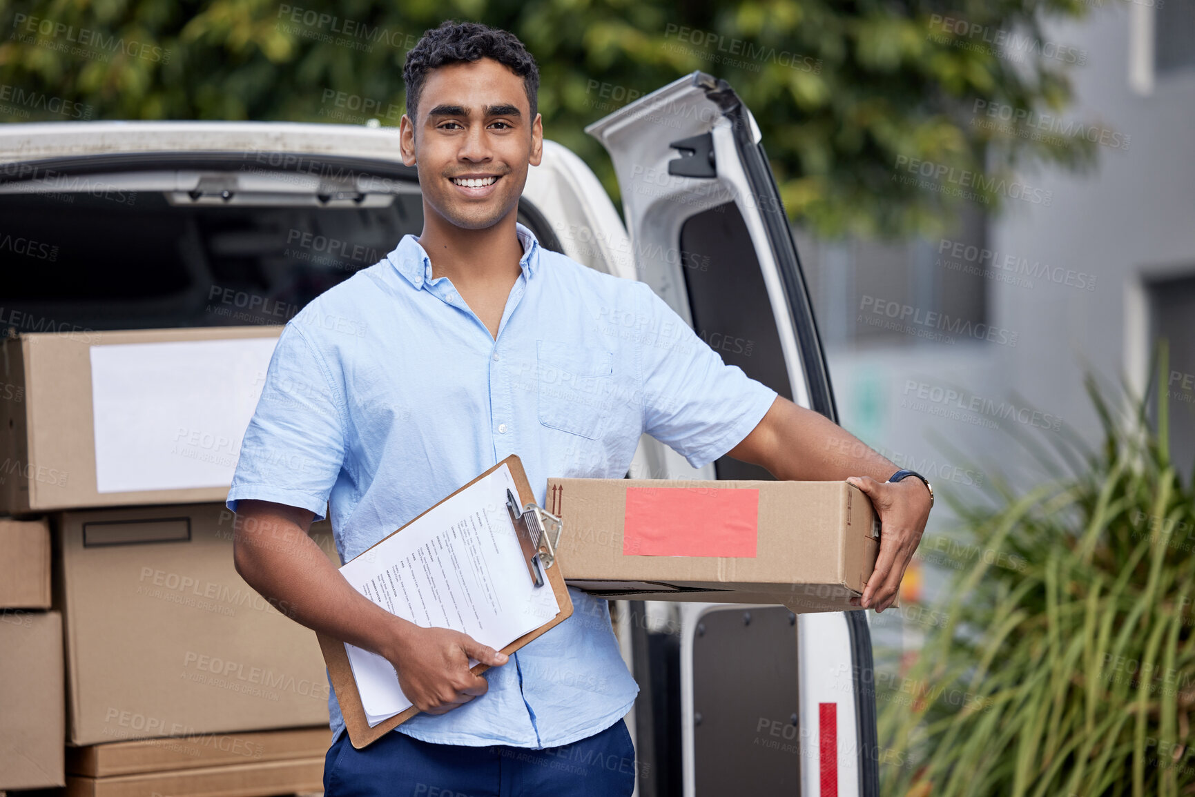 Buy stock photo Checklist, van or portrait of delivery man with box, smile or package for commercial shipping business. Outdoor, driver or courier worker with clipboard for cargo, distribution service or logistics