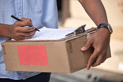 Buy stock photo Checklist, order or hands of delivery man with van, invoice or package in commercial shipping business. Outdoor, writing or courier driver with clipboard for boxes, distribution service or logistics