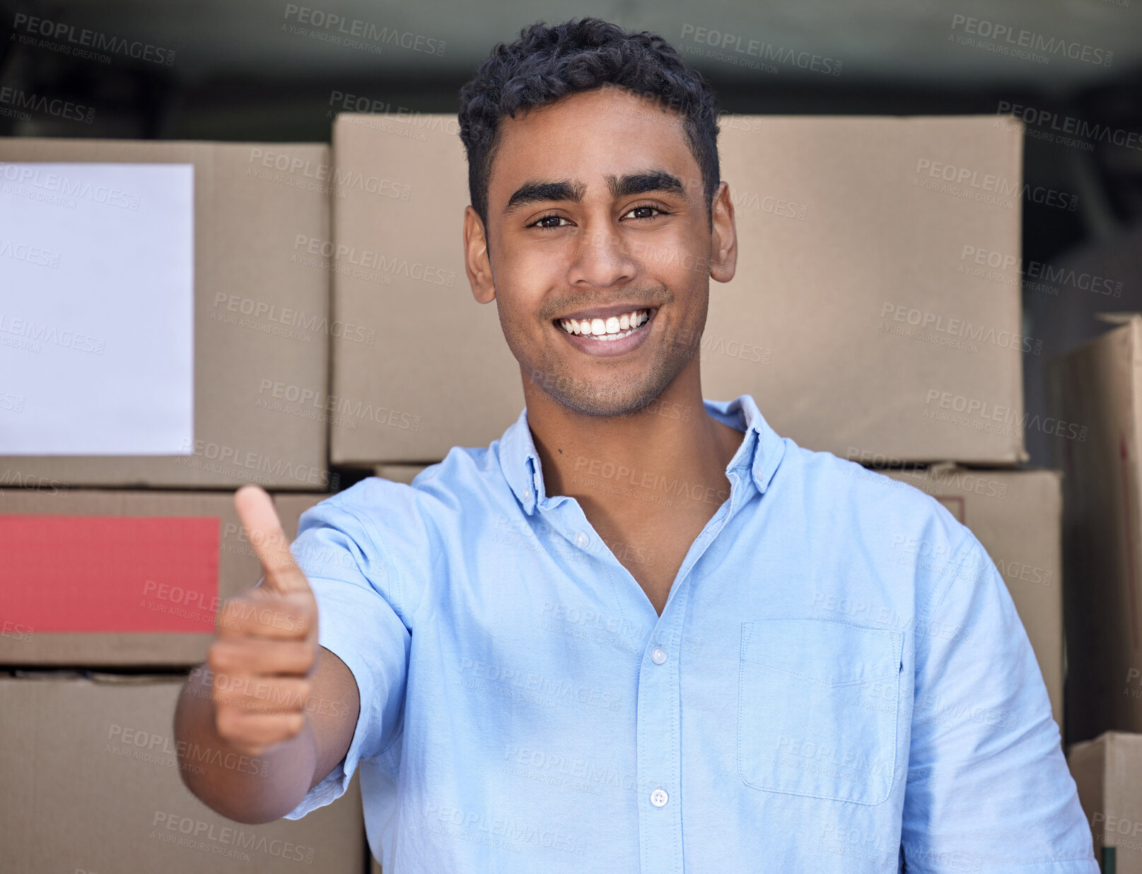 Buy stock photo Portrait, thumbs up and happy delivery man with sign for shipping, logistics or success in distribution. Face, courier and like hand gesture for review, vote or feedback for quality service in India