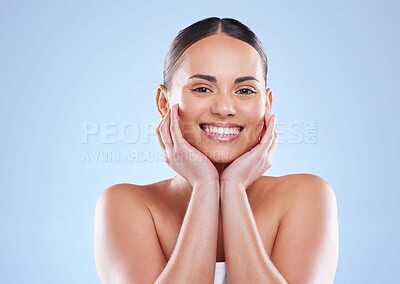 Buy stock photo Portrait, skincare and smile with natural woman in studio blue background for satisfaction or wellness. Aesthetic, beauty and face with happy model in bathroom for cosmetics, dermatology or health