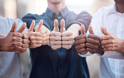 Buy stock photo Office, meeting and business people with thumbs up for team building, agreement or support in growth. Professional employees, diversity and gesture of good work for partnership, success or motivation