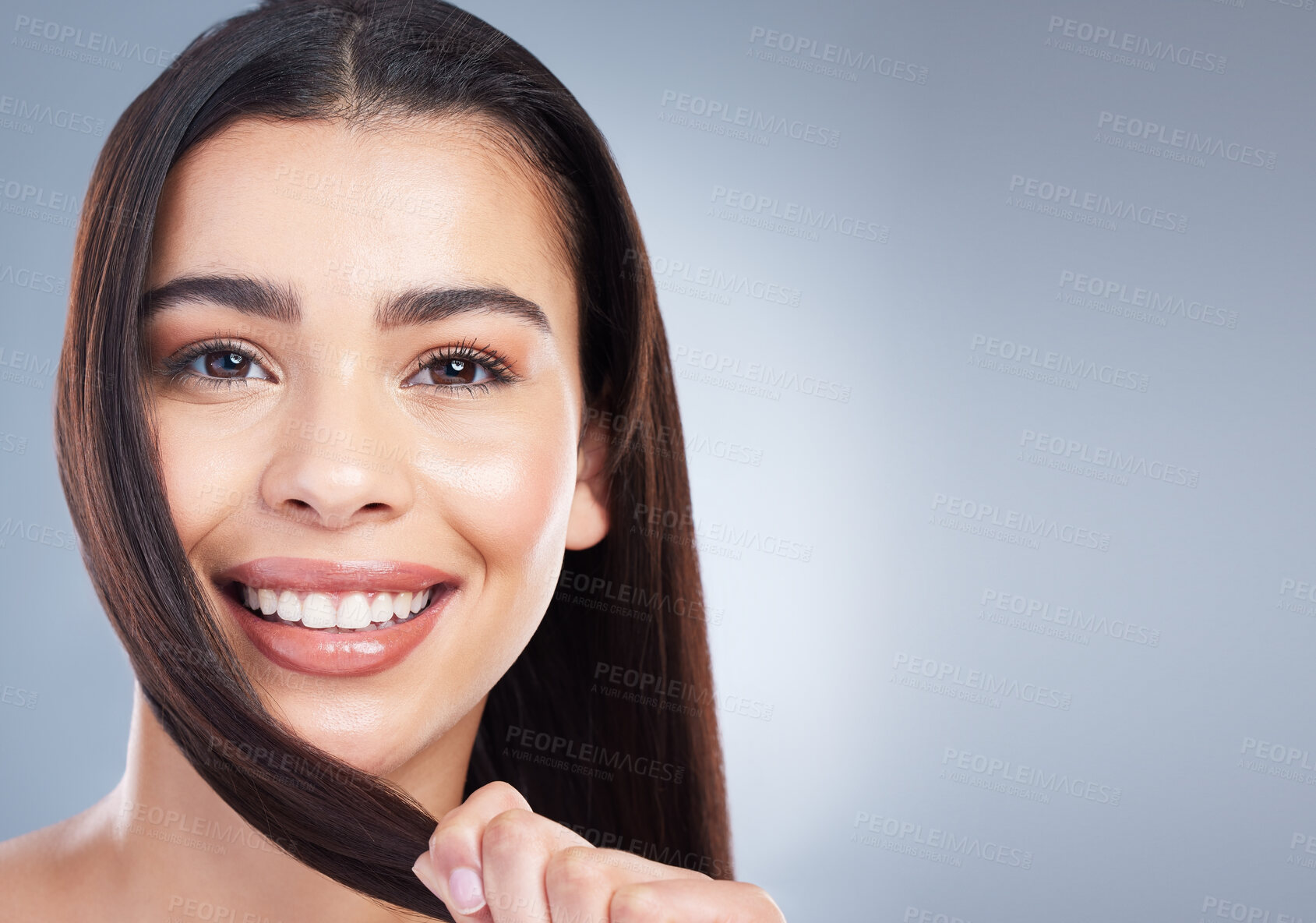 Buy stock photo Hair care, smile and portrait of woman in studio with natural, beauty and salon treatment. Happy, health and female person with shampoo shine for silky hairstyle by gray background with mockup space.