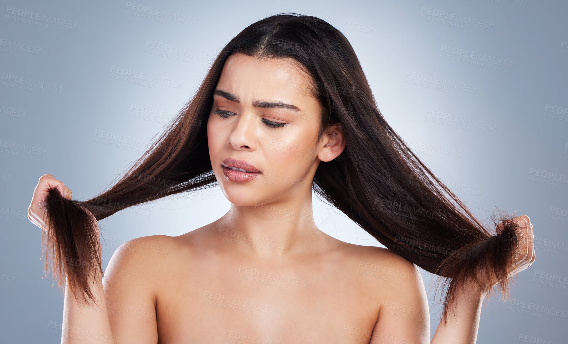 Buy stock photo Frustrated woman, hair and damage with split ends for disaster or haircut on a blue studio background. Upset female person or young model with stress, dry or bristle piece for messy or bad treatment