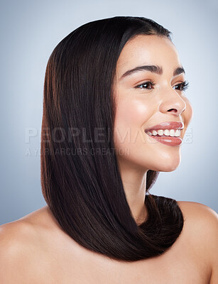 Buy stock photo Girl, happy and hair care in studio with beauty for luxury salon treatment, shampoo and cosmetics. Woman, smile and glow or shine with healthy texture, transformation or growth on white background