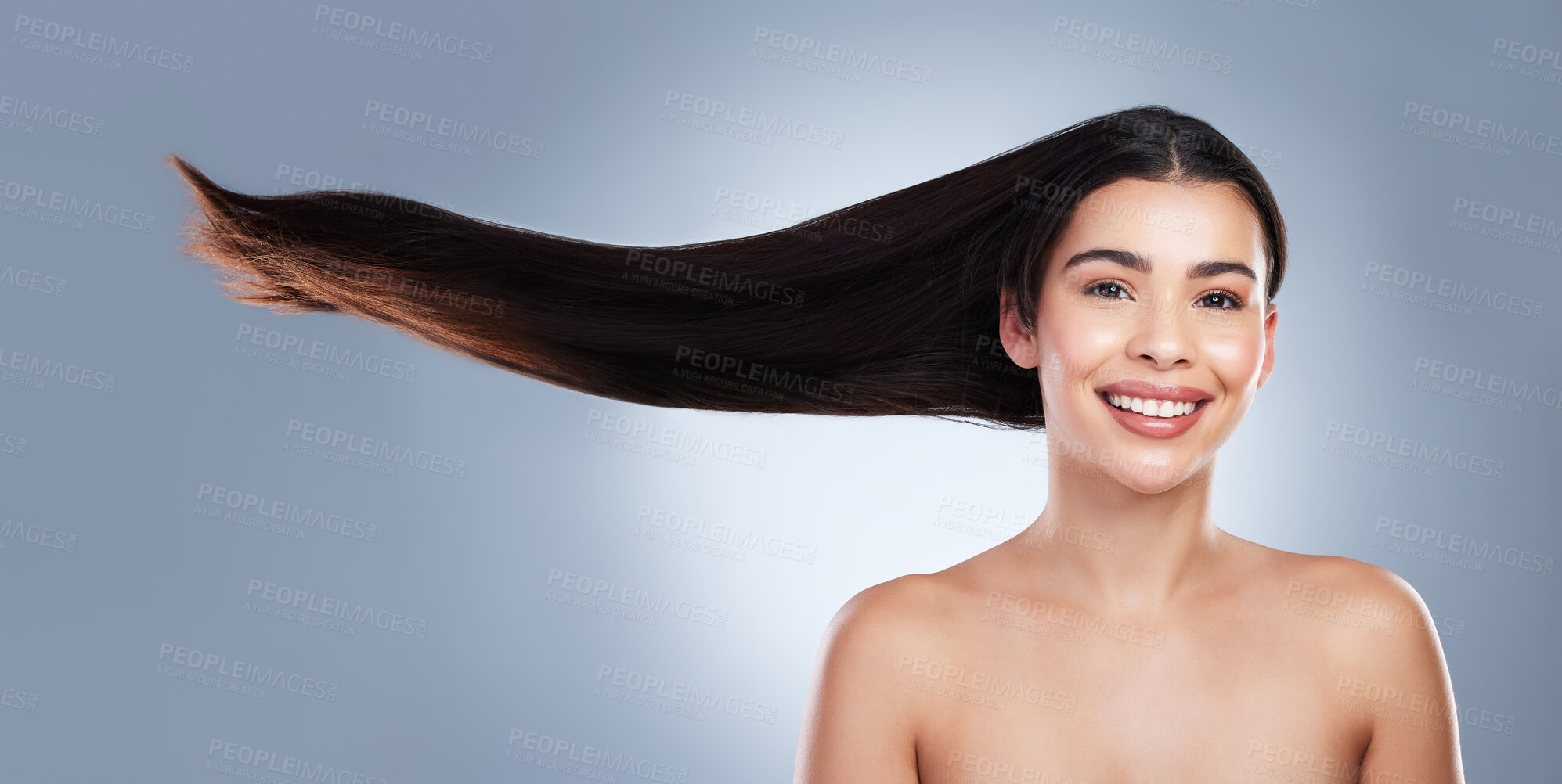 Buy stock photo Hair care, happy and portrait of woman in studio with natural, beauty and salon treatment. Smile, health and female person with shampoo shine for silky hairstyle isolated by gray background banner.