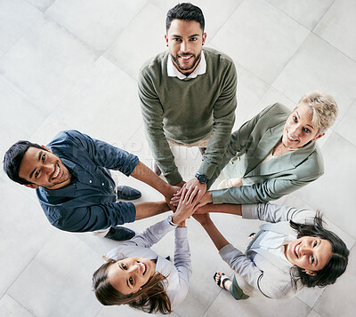Buy stock photo Group, business people and hands in circle with portrait for collaboration, diversity in workplace community. Crowd, above or teamwork with solidarity at company for commitment, happiness and support
