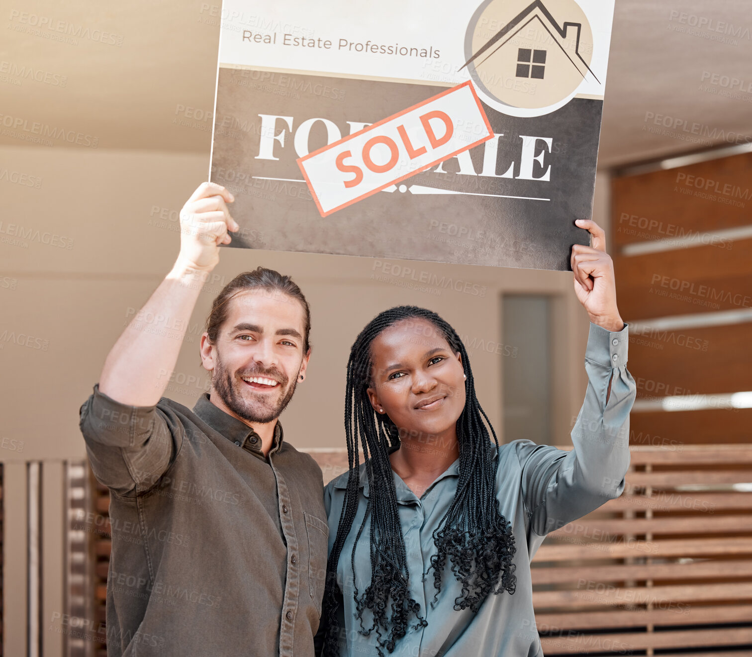 Buy stock photo Couple, portrait and sold board for property in outdoor, sign and real estate or sale investment. Interracial people, love and billboard for achievement of dream home, security and purchase house