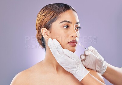 Buy stock photo Injection, hands and woman for skincare and face, needle and plastic surgery on studio background. Beauty, cosmetic or medical treatment for selfcare, filler lips and syringe for person or anti aging