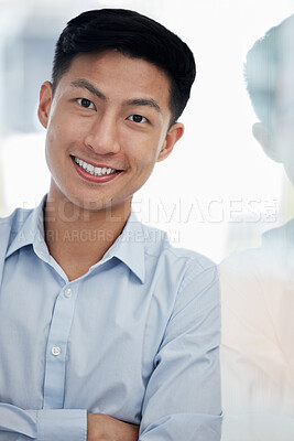 Buy stock photo Asian business man, smile and arms crossed in portrait by window in modern office with confidence. entrepreneur, person and happy with reflection by glass, startup or creative media agency in Taiwan