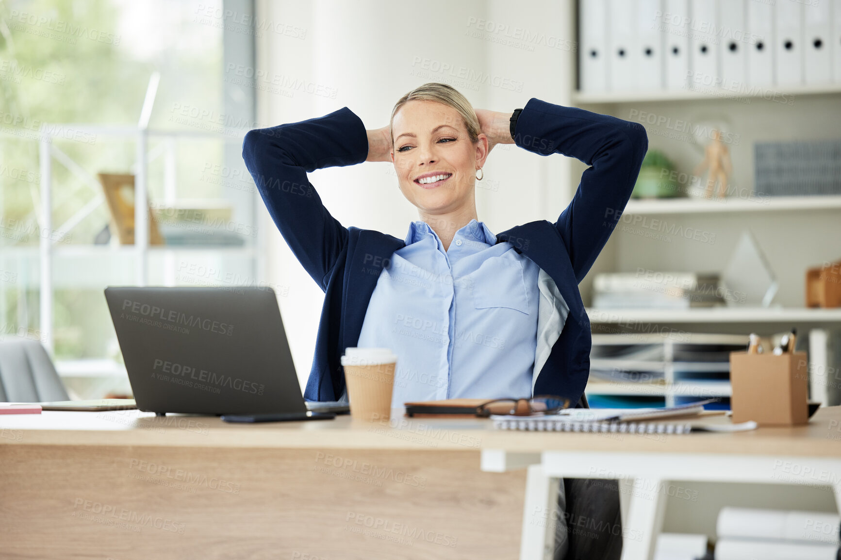 Buy stock photo Business woman, thinking and consultant break with confidence and relax from job success. Consultation agency, professional and calm employee at office desk at morning and laptop in workplace
