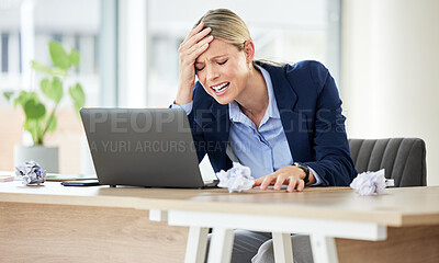 Buy stock photo Headache, woman and laptop in office with sad accountant with audit problem and internet issue. Stress, accounting report and work mistake with technology and burnout from anxiety of employee at desk