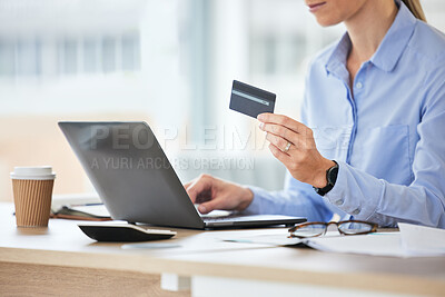 Buy stock photo Business woman, laptop and hands with credit card for online shopping, ecommerce and purchase on website at work. Office, desk and internet payment at company on a digital store deal and web sale