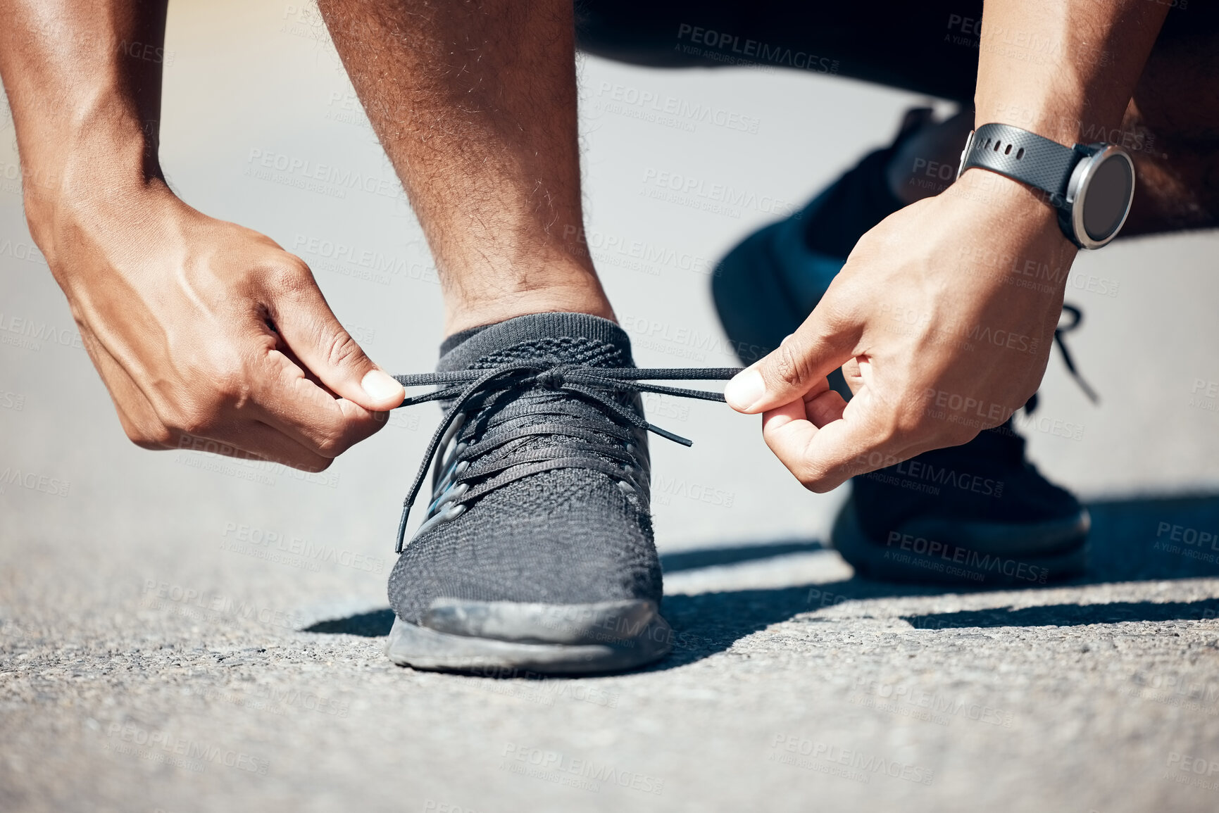Buy stock photo Man, hands and tie shoes on road for fitness, running exercise or cardio workout outdoors. Hand of male person, athlete or runner tying shoe getting ready for exercising or training on asphalt street