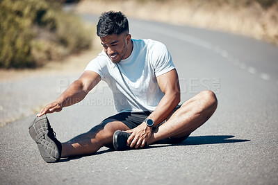 Buy stock photo Happy man, fitness and stretching body on road for running, cardio workout or exercise outdoors. Fit, active or sporty male person, athlete or runner in warm up leg stretch for training on street