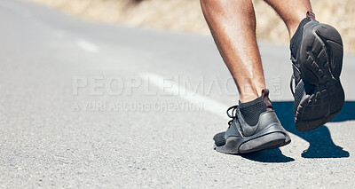 Buy stock photo Man, fitness and running shoes on road for exercise, cardio workout or training on asphalt outdoors. Feet of fit, active or sporty male person, athlete or runner exercising or run on mountain street