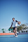Sports, basketball court, and healthy man or player with motivation, vision or wellness goal for training, workout or exercise. Fitness of black man or professional competition athlete for ball game