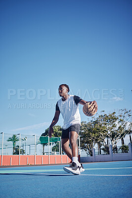 Buy stock photo Sports, basketball court, and healthy man or player with motivation, vision or wellness goal for training, workout or exercise. Fitness of black man or professional competition athlete for ball game
