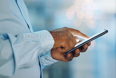 Buy stock photo Black man, hands and browsing with phone for news, social media or online research at office. Closeup of African, male person or employee on mobile smartphone for chatting, texting or scrolling app