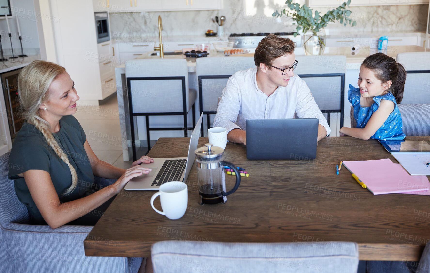 Buy stock photo Home education, laptop and family working online at the table together in the dining room. Mother doing a business project while father helping child with online school or elearning on a computer.