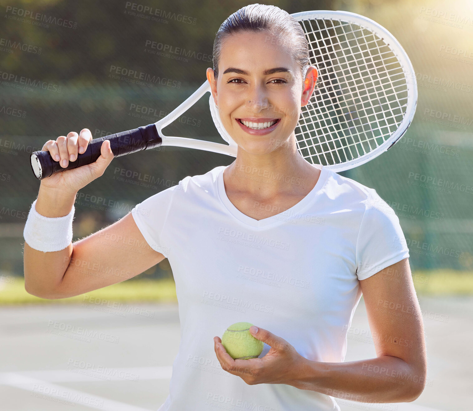 Buy stock photo Tennis sports, game portrait and woman training for health on court, happy at professional sport event and smile at outdoor competition. Young athlete girl doing exercise for match in summer