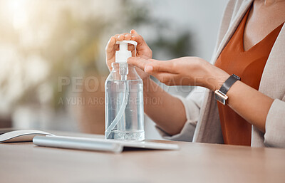 Buy stock photo Business woman hands sanitizer, covid hygiene and office protocol for healthcare safety, corona virus protection and cleaning compliance. Responsible work disinfection of germs, bacteria or flu risk
