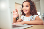 Elearning, video call and child with laptop in online class wave hello for learning, education and knowledge. Young girl kid or child taking a digital home e learning course with internet